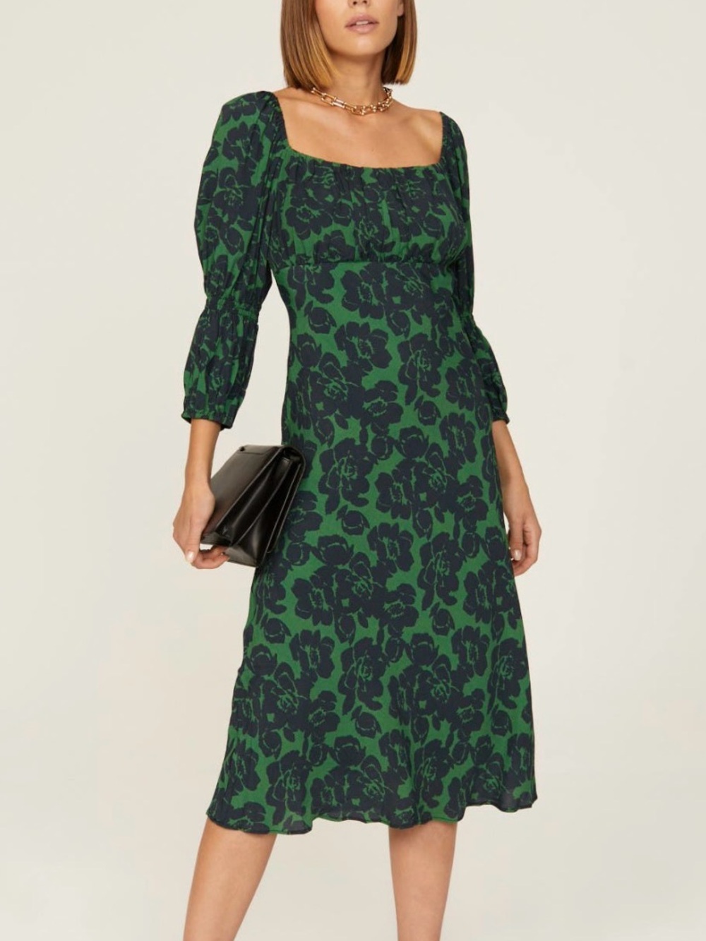 Peter Som Green Floral Square-Neck Midi Dress